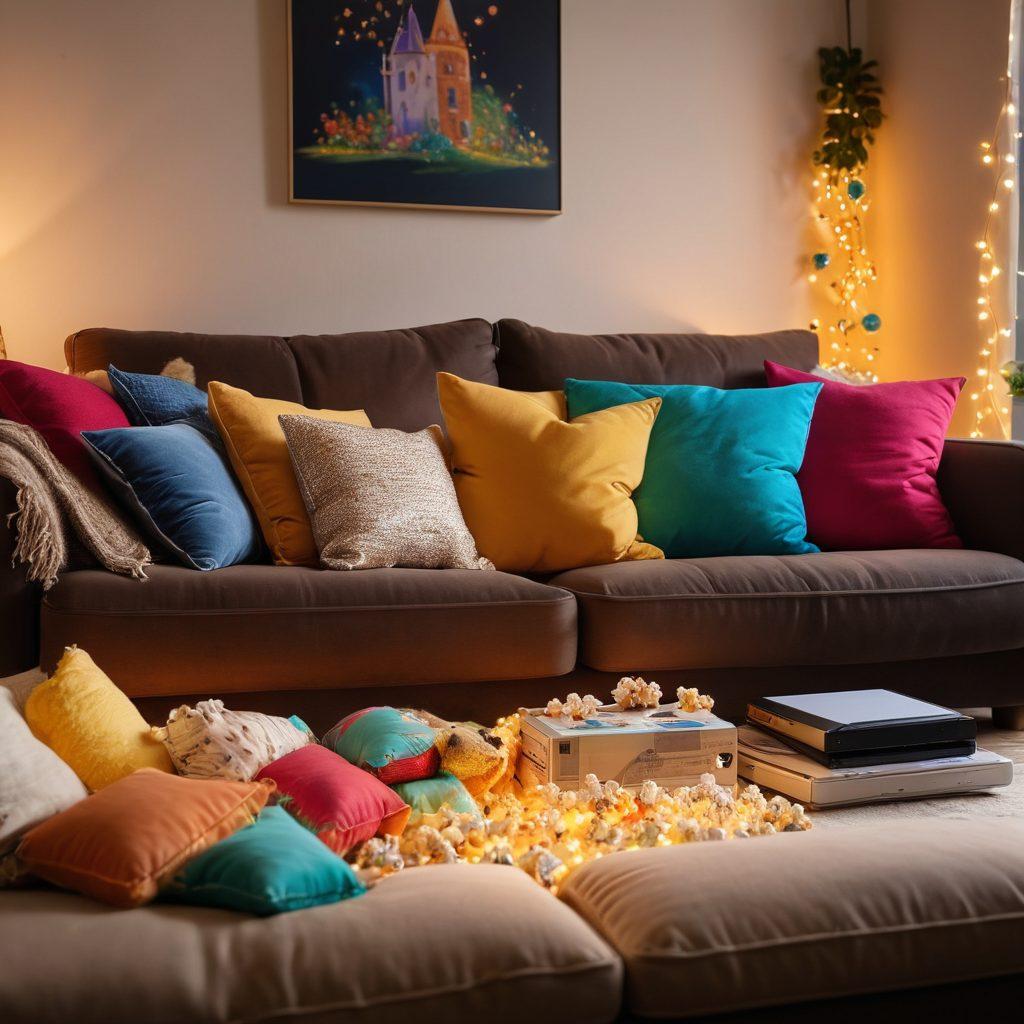 A cozy living room scene with a large, comfortable sofa piled with colorful pillows. A laptop is open displaying a vibrant streaming service interface, surrounded by popcorn, snacks, and drinks. Soft fairy lights twinkle in the background, setting a warm, inviting atmosphere. Add a cute pet lounging nearby for a touch of cheerfulness. vibrant colors. cozy aesthetic. super-realistic.