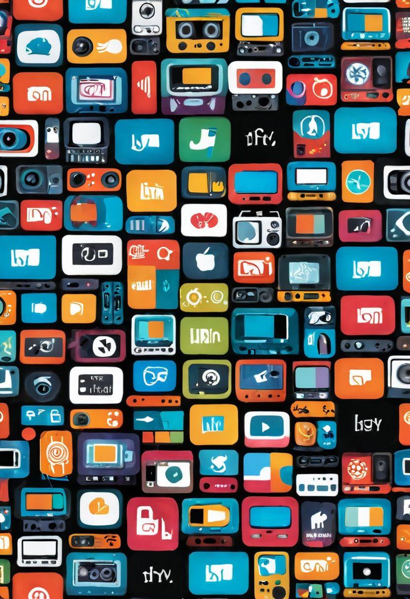 A vibrant and dynamic collage showcasing various free video streaming platforms, featuring colorful icons of film reels, play buttons, and TV screens in a playful yet organized manner. The background includes abstract shapes representing excitement and entertainment, with a diverse group of people watching videos on devices like smartphones and tablets. Emphasize a lively and inviting atmosphere to attract viewers. super-realistic. vibrant colors. white background.