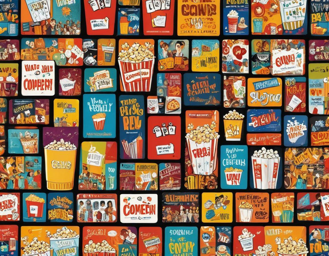 A lively collage of various screens showcasing colorful movie genres, including action, comedy, and animation. Surrounding the screens are joyful people of diverse backgrounds watching movies together, with popcorn and drinks in hand. Bright, inviting colors and playful elements like film reels and music notes create a cheerful atmosphere. super-realistic. vibrant colors. dynamic composition.